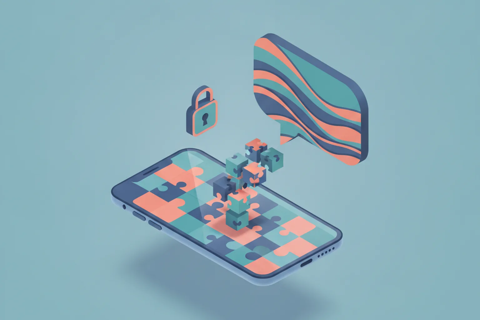 Isometric illustration of a smartphone covered in puzzle-piece tiles, with blocks flowing into it from a speech bubble and a padlock floating above