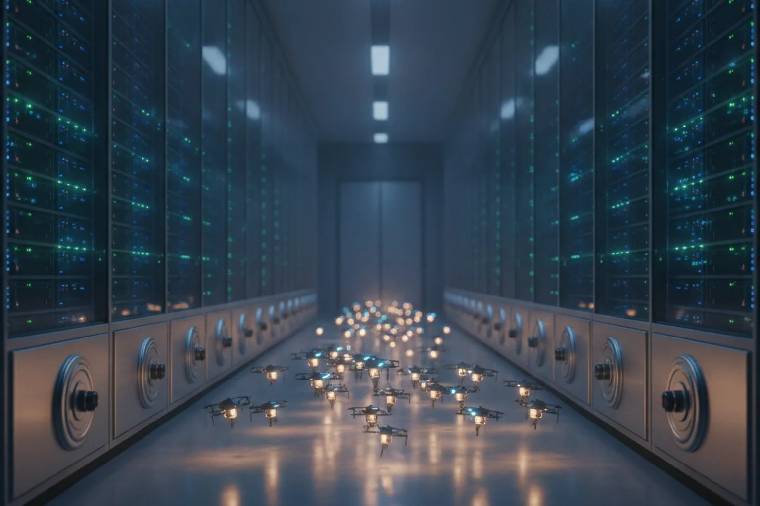 A server corridor lined with vault-style panels as a swarm of small glowing probes moves along it, illustrating automated attacks scanning exposed systems
