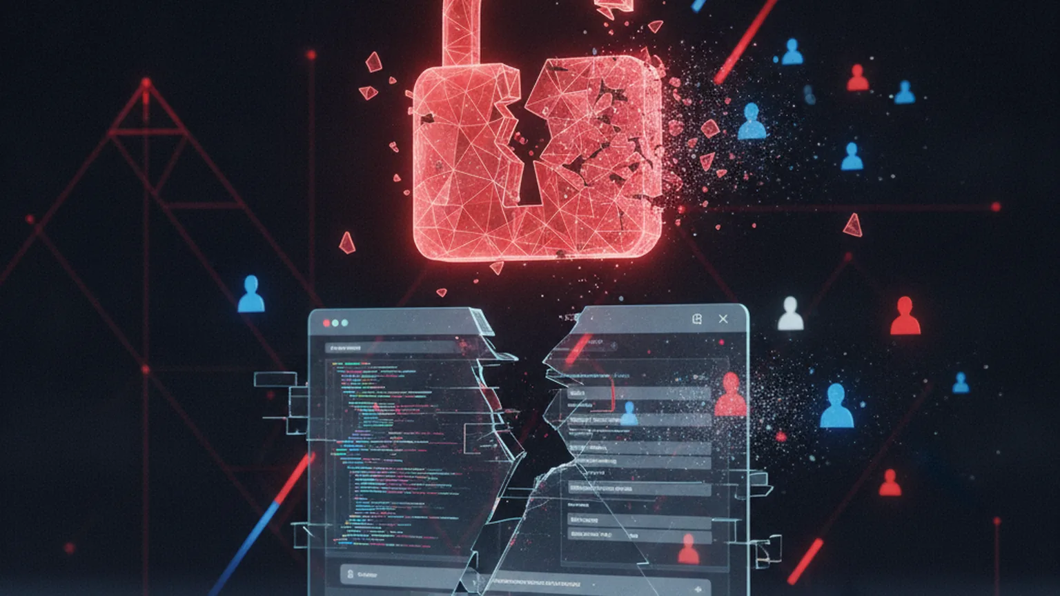 Illustration abstraite d&rsquo;un piratage informatique : cadenas num&eacute;rique bris&eacute; au-dessus d&rsquo;une interface de gestion de b&eacute;n&eacute;voles, avec des silhouettes de profils dispers&eacute;es sur fond sombre et des alertes en rouge