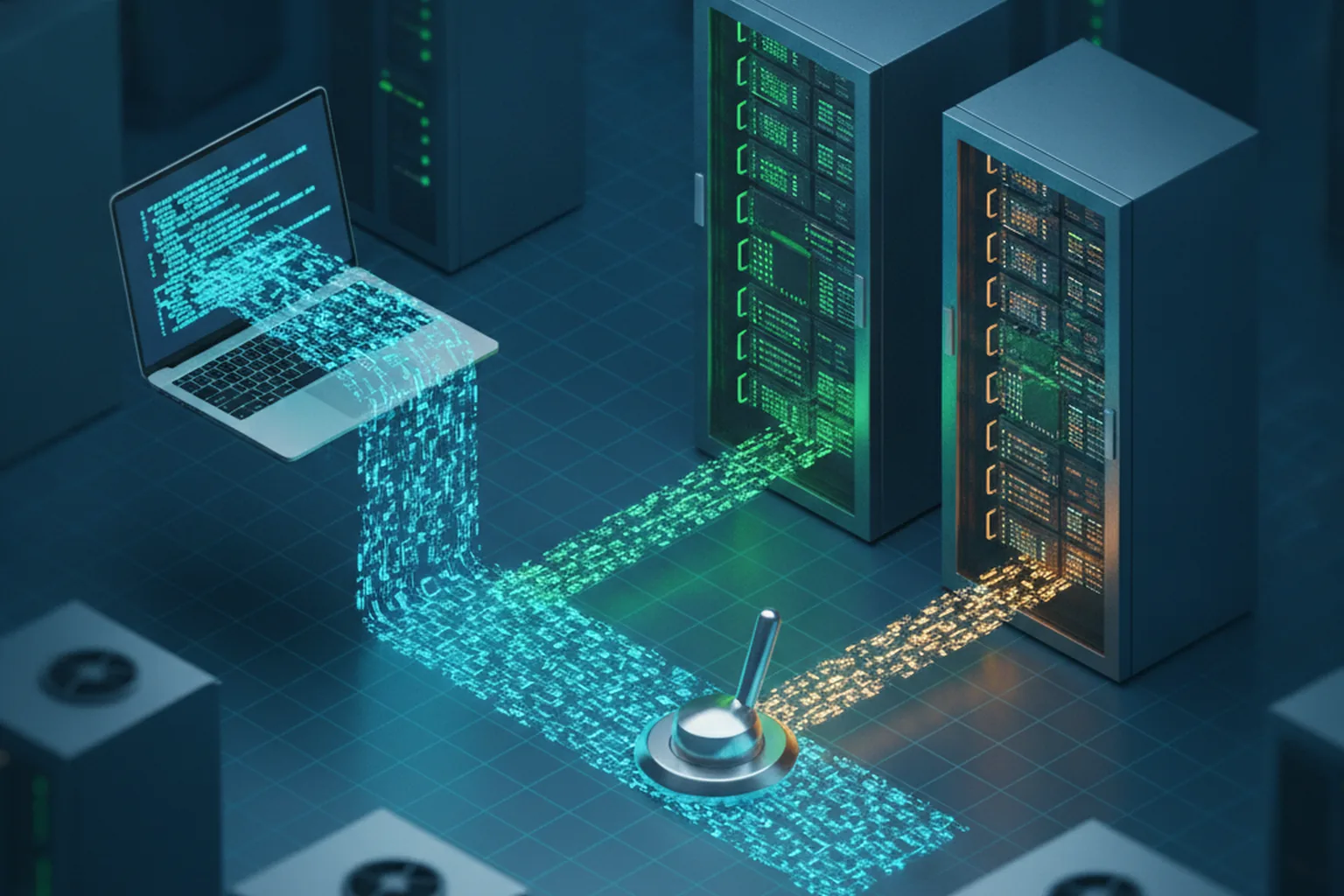 Isometric illustration of code flowing from a laptop through a switch lever that routes it to either of two server racks with different accelerator chips