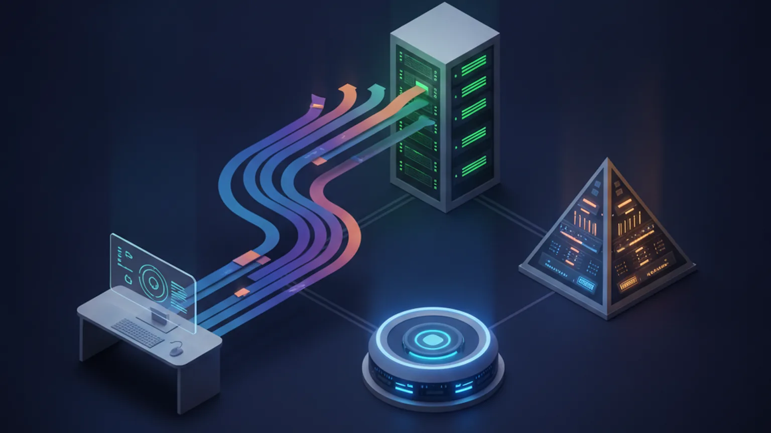Isometric illustration of code ribbons flowing from a developer desk into three differently shaped accelerator server racks