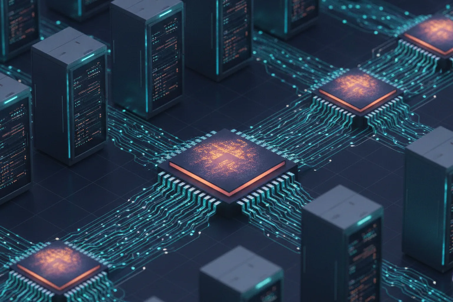 Isometric illustration of custom AI inference silicon chips in a cloud data center linked by glowing optical fiber lines on a dark navy background