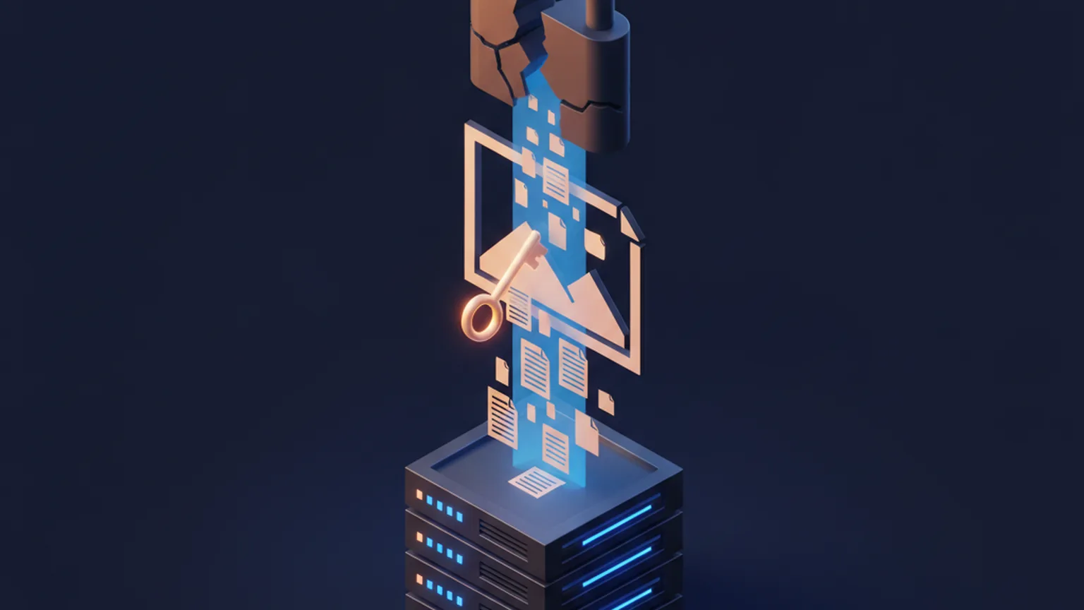 Isometric illustration of a broken padlock over an image file leaking documents and a key out of a server rack, representing a web-app arbitrary file read vulnerability