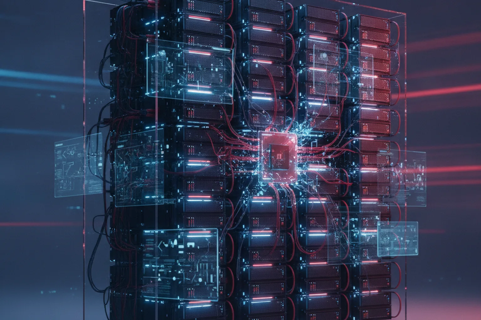 Distributed AI server cluster with red alert indicators, showing compromised GPU infrastructure in a cybersecurity breach scenario