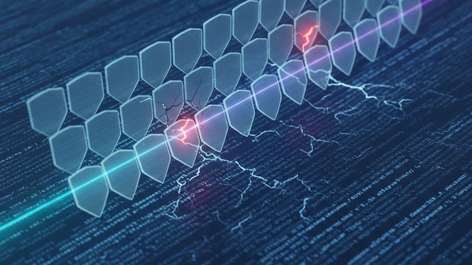 A cascading wall of glowing shield tiles sealing cracks across a field of source code, with two red-lit shields marking actively exploited flaws and an AI scanner beam sweeping the code