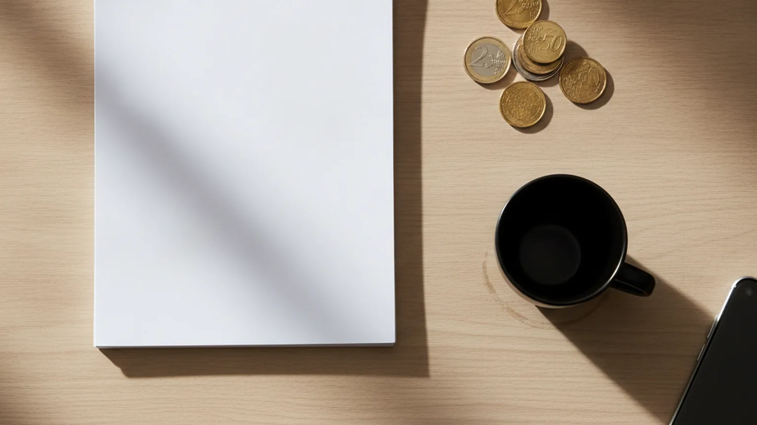 Bureau en bois vu de dessus avec une pile de feuilles blanches, des pièces en euros, une tasse de café et un smartphone, évoquant la trésorerie et le suivi des factures clients