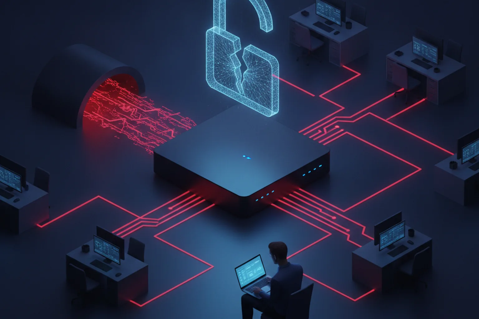 Isometric illustration of a remote support appliance in a dark data center with red data streams escaping through a hidden tunnel toward office workstations and a cracked padlock hologram above it