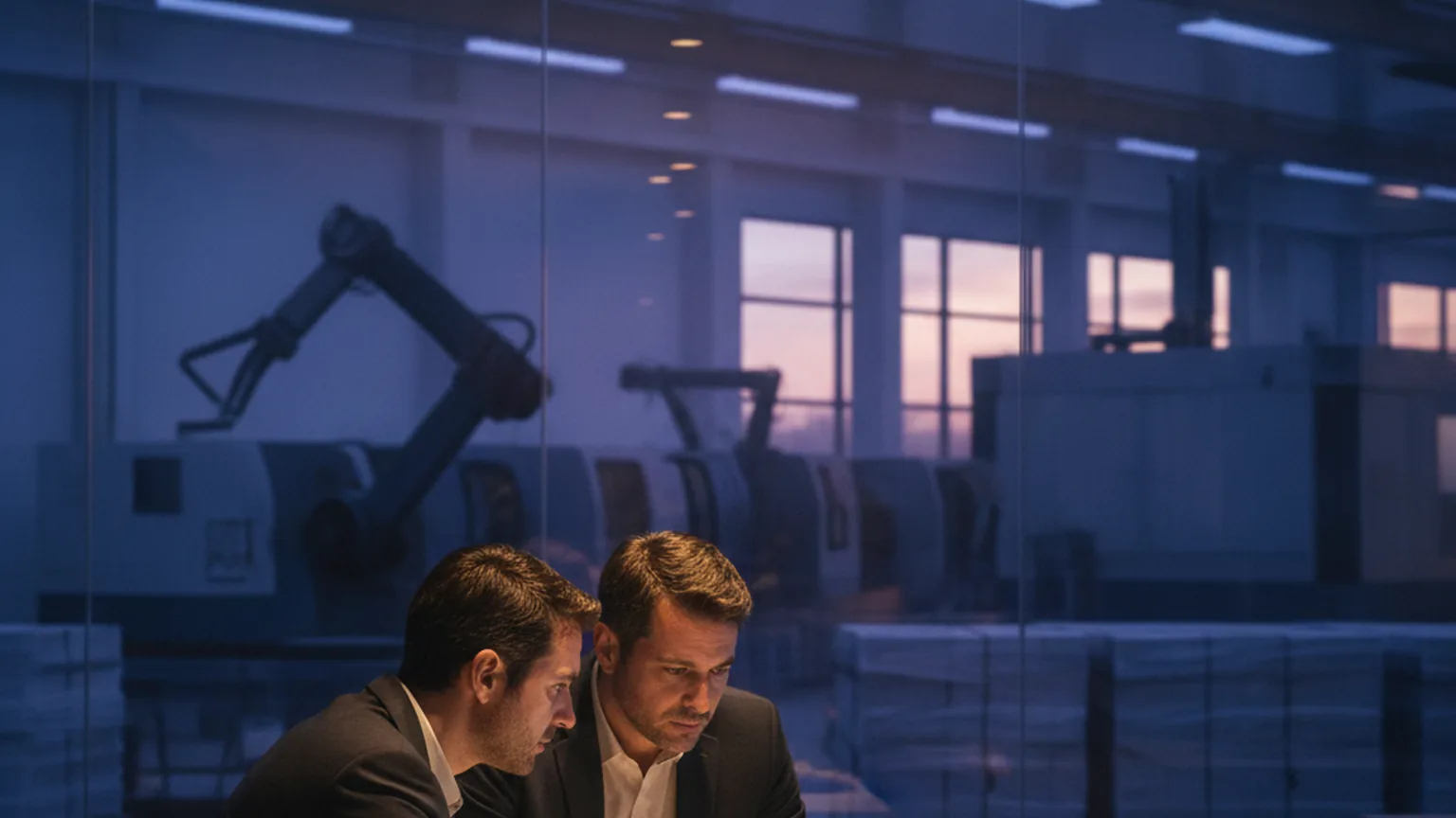 Due responsabili di un'azienda manifatturiera esaminano lo stato della sicurezza informatica su un portatile, dietro una vetrata con i robot della linea di produzione al tramonto