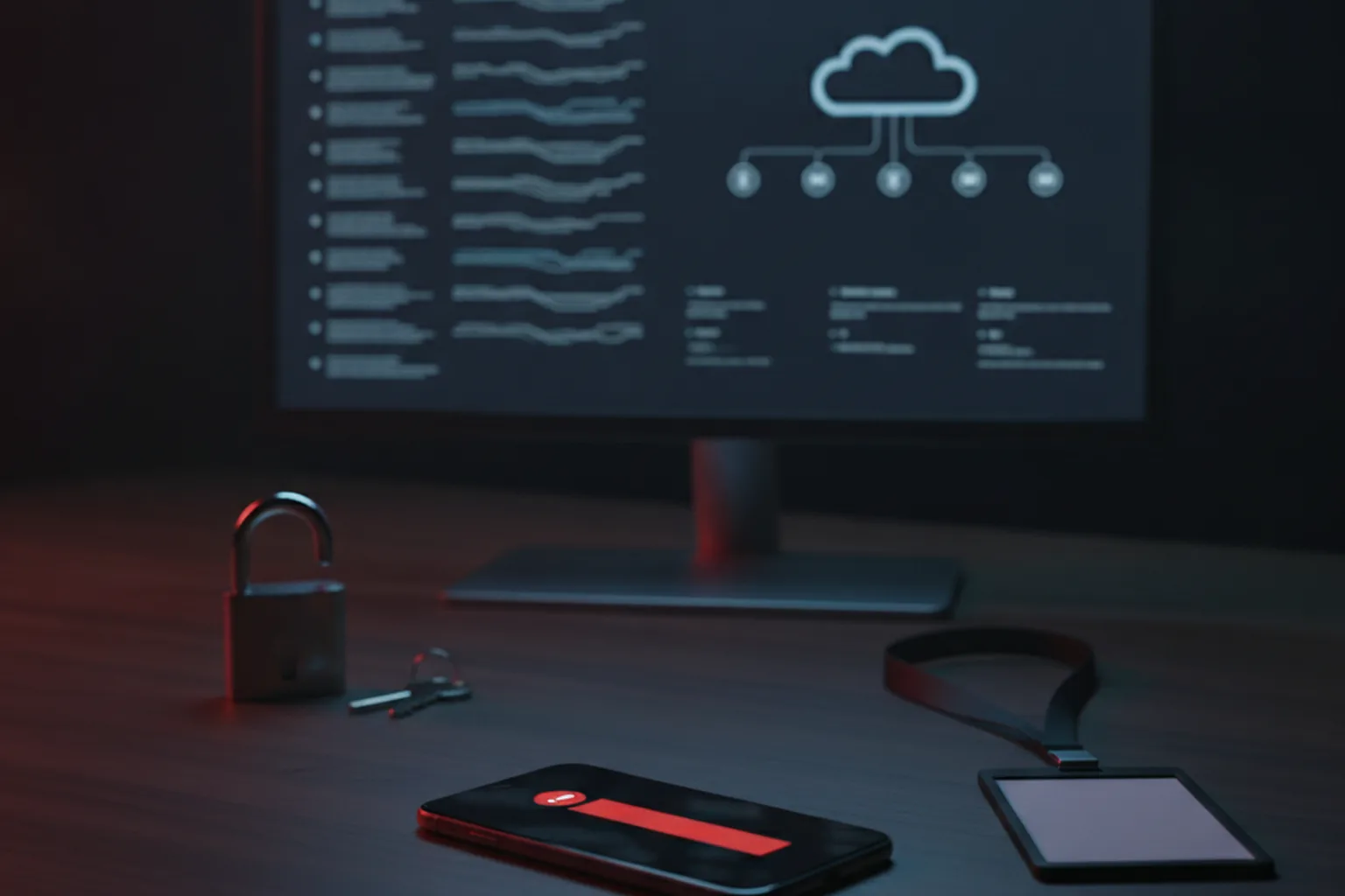 Dark desk at night with a smartphone showing a red alert banner, an open padlock, keys and an employee badge in front of a monitor with customer data rows and a cloud diagram