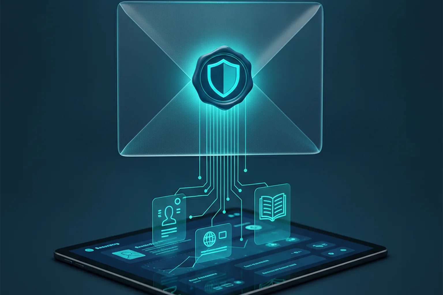 A translucent official-sealed envelope funnels identity-document icons out of a dark banking app interface, representing a fraudulent government data request extracting customer data