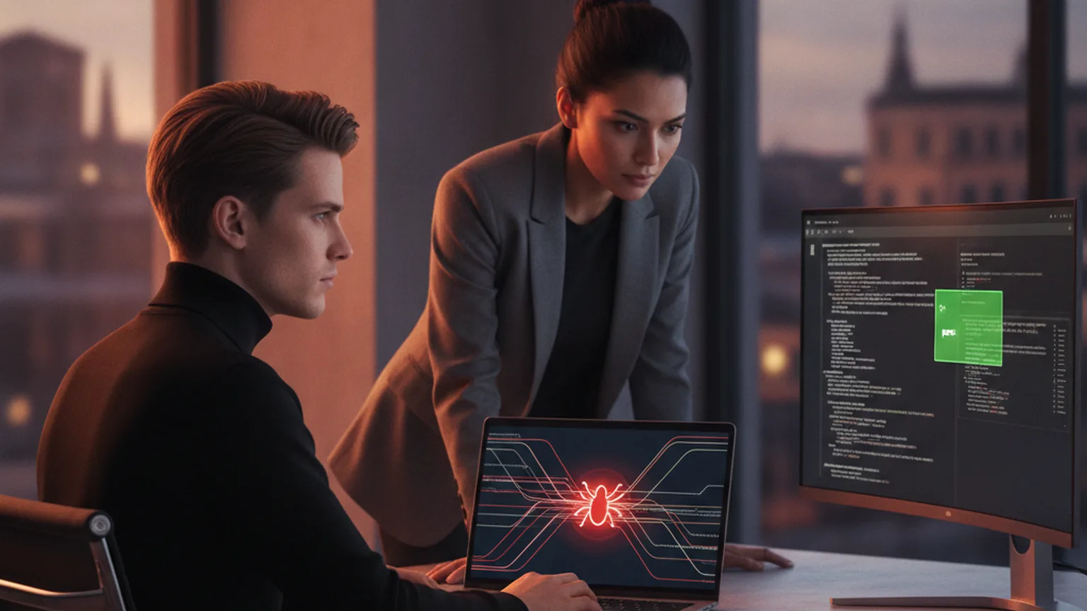 Un ricercatore di sicurezza analizza una vulnerabilità sul portatile mentre una collega del team di sviluppo verifica la correzione del codice su un secondo monitor, in un ufficio al tramonto
