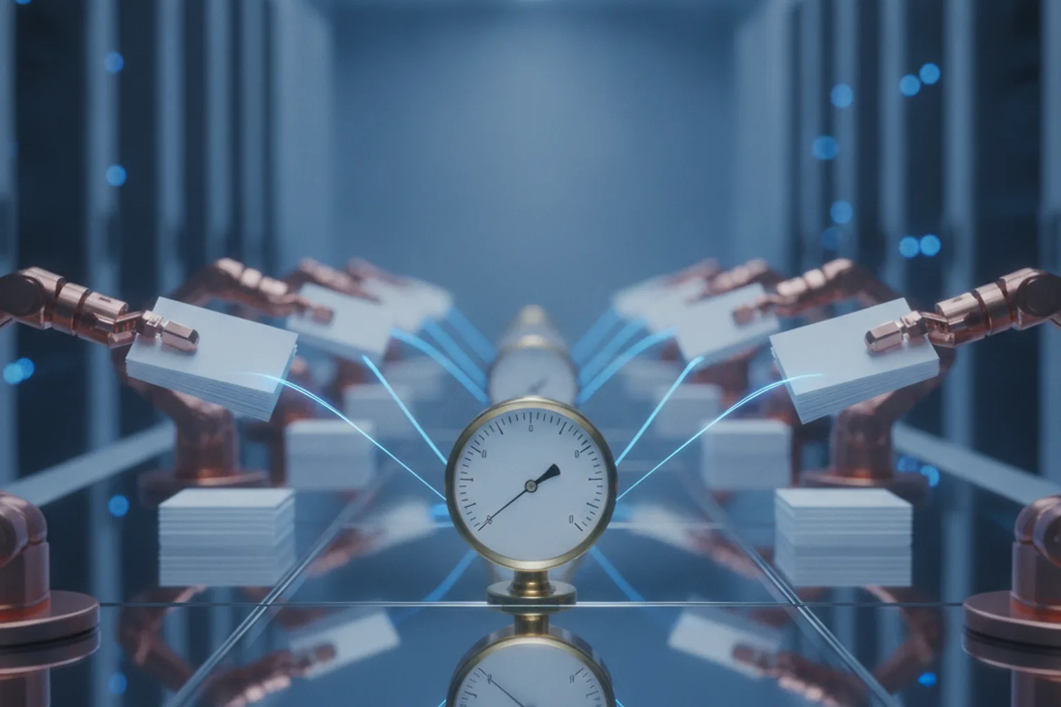 Copper robotic arms on a glass desk in a blue server hall, each handling a stack of blank cards and linked by glowing threads to one central brass gauge, illustrating agents sharing a common budget