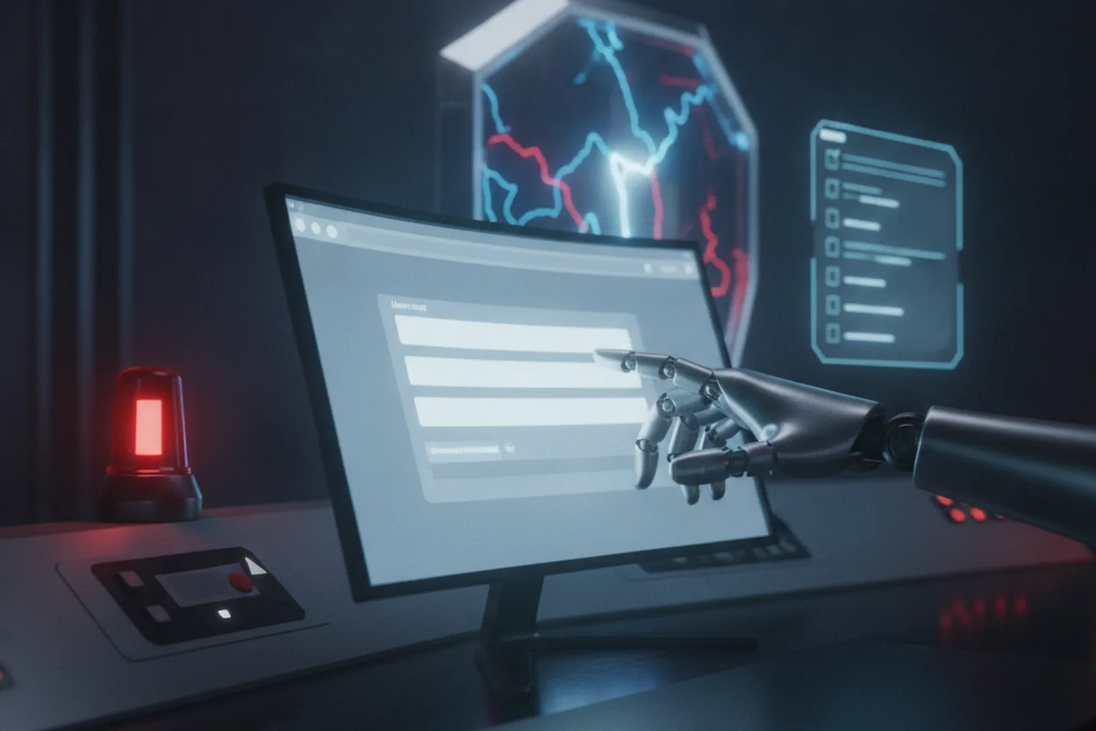 Robotic hand reaching toward an online form on a monitor in a dark operations room, with a red alert beacon and a shield hologram in the background