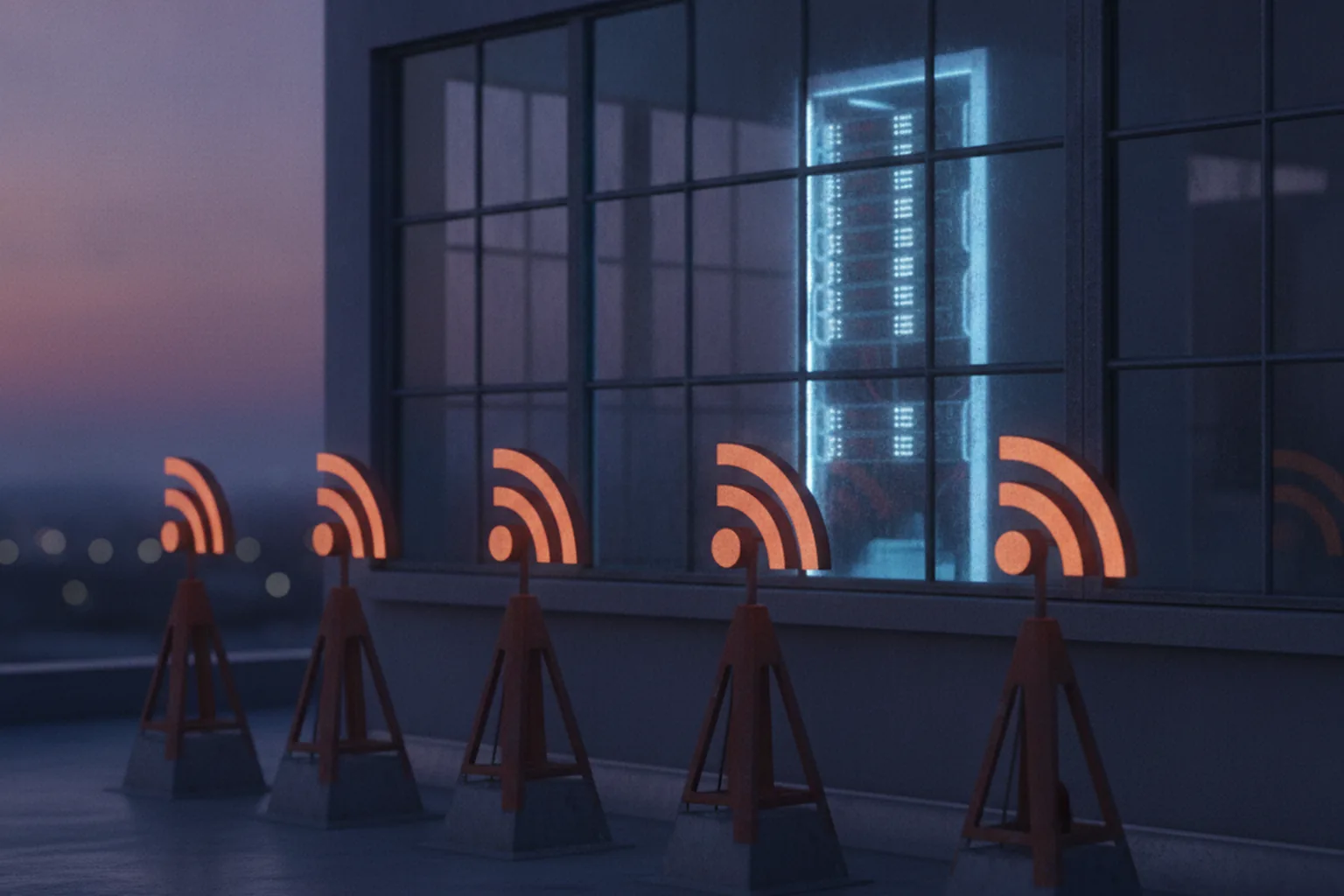 A row of orange feed antennas on a rooftop at dusk in front of a lit server rack behind a window