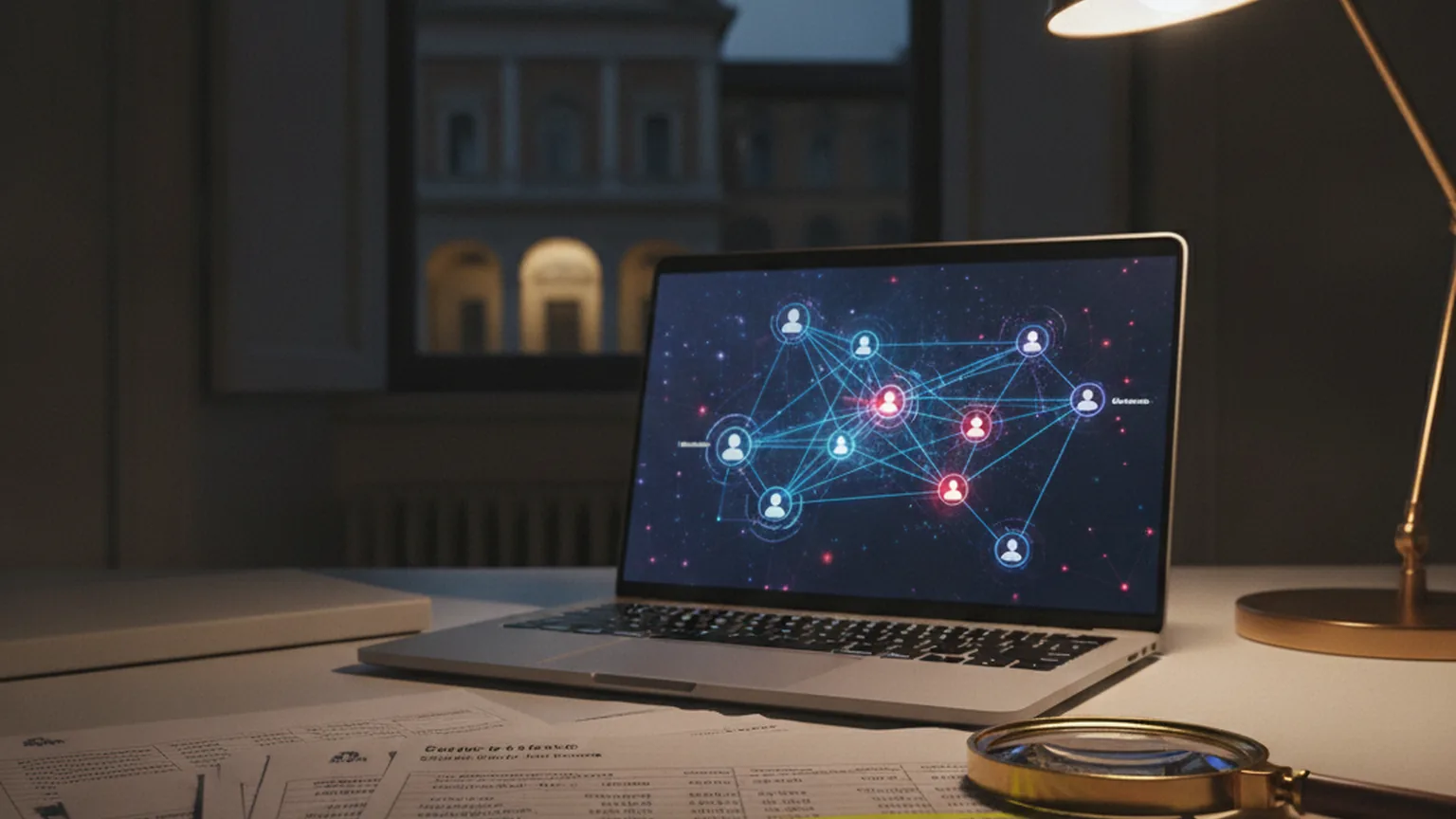 Scrivania di un analista forense di sera: bilanci stampati, lente d'ingrandimento e un laptop con un grafo di società collegate in cui alcuni nodi sono evidenziati in rosso come anomalie di rischio