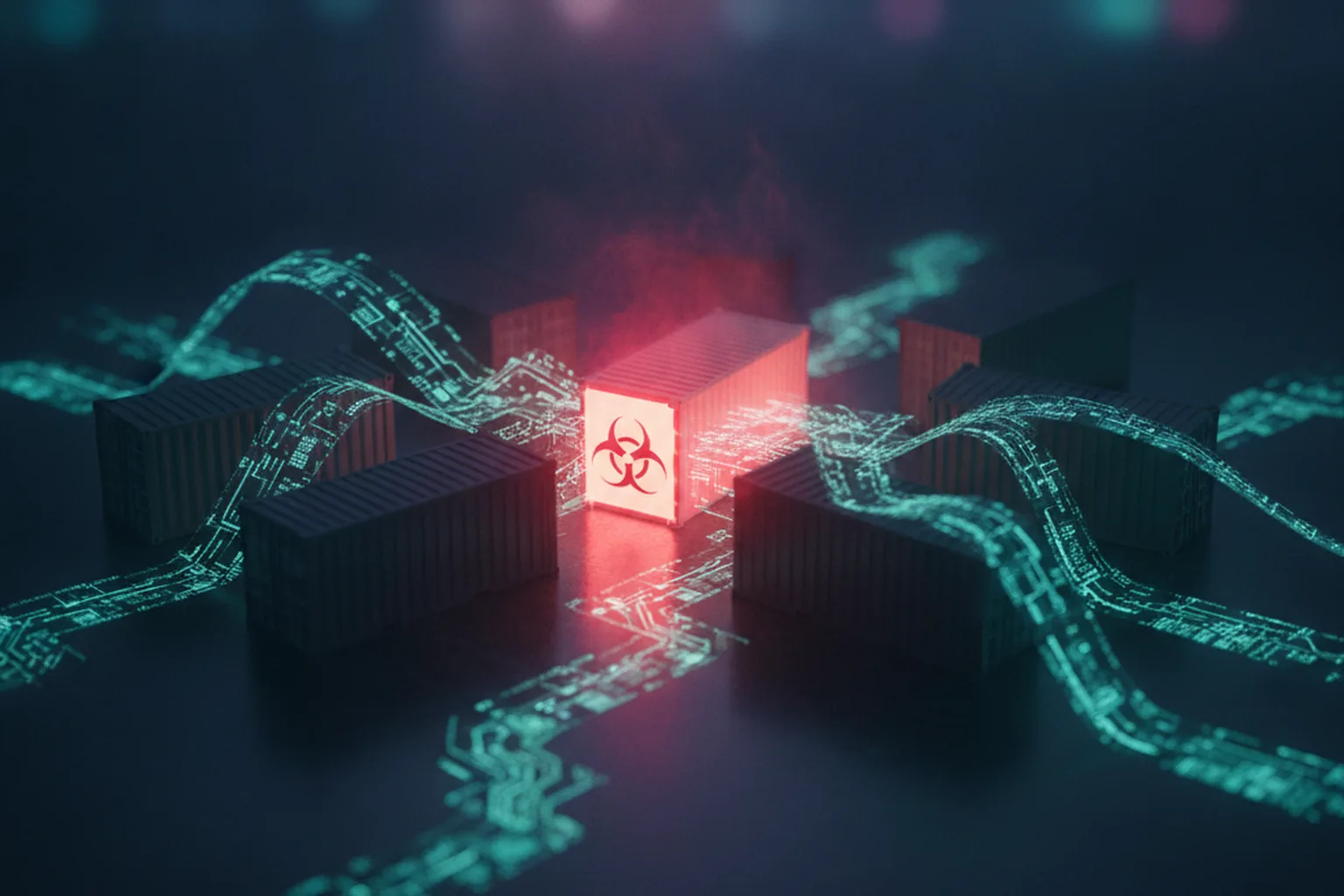 Dark shipping containers at a port at night, one container glowing red with a biohazard symbol, digital circuit streams flowing between containers, representing a software supply chain attack