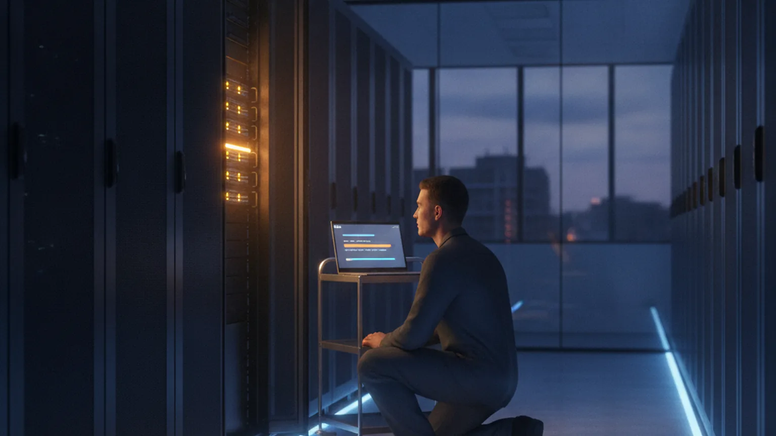 Tecnico inginocchiato in una sala server al tramonto controlla un rack con spie ambra accanto a un portatile che mostra l'avanzamento di un ripristino