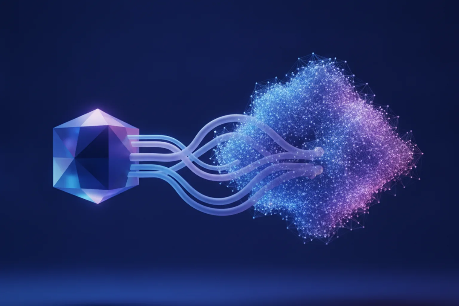 A glowing crystalline data cube emitting flowing light streams into a cloud of interconnected agent nodes, illustrating enterprise CRM data flowing into AI agent surfaces