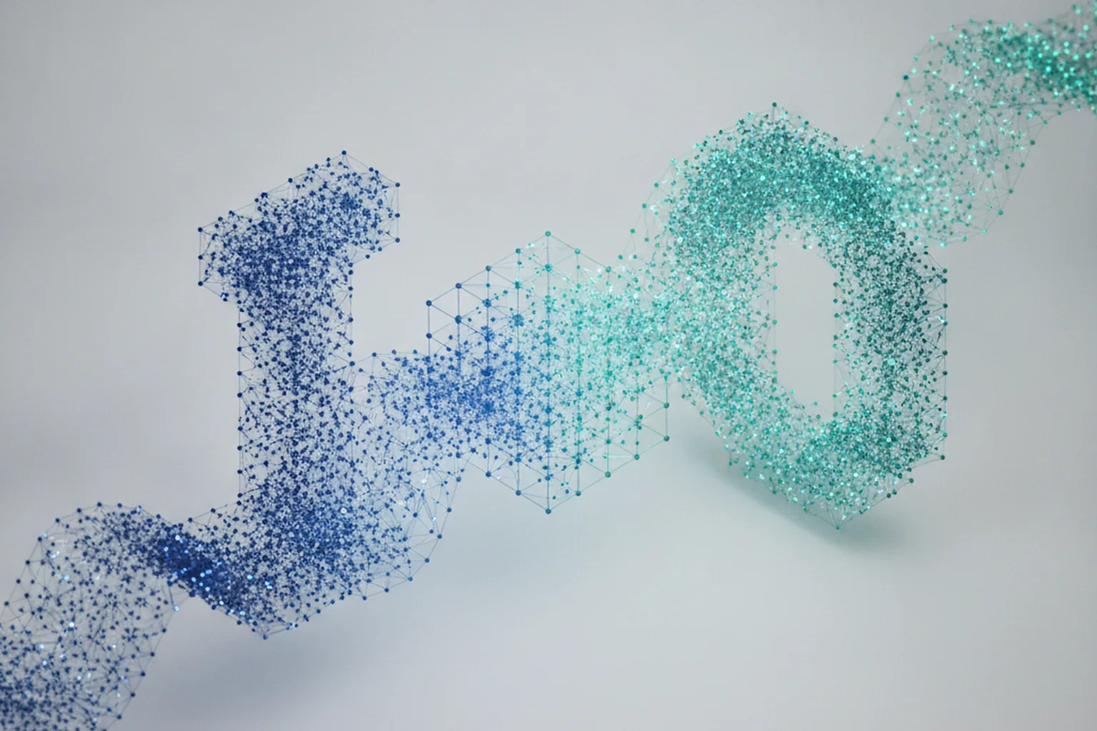 Abstract network of blue and teal interconnected nodes representing enterprise data flows and unauthorized access paths through misconfigured portals