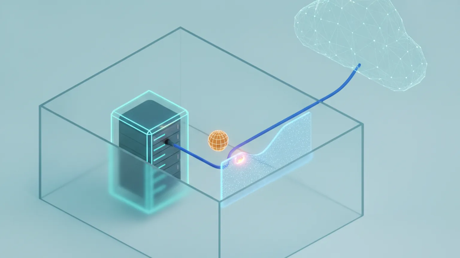Isometric illustration of a server inside a glass sandbox, its network cable stopped by a translucent barrier before it can reach a distant cloud, with a small orange data packet held inside