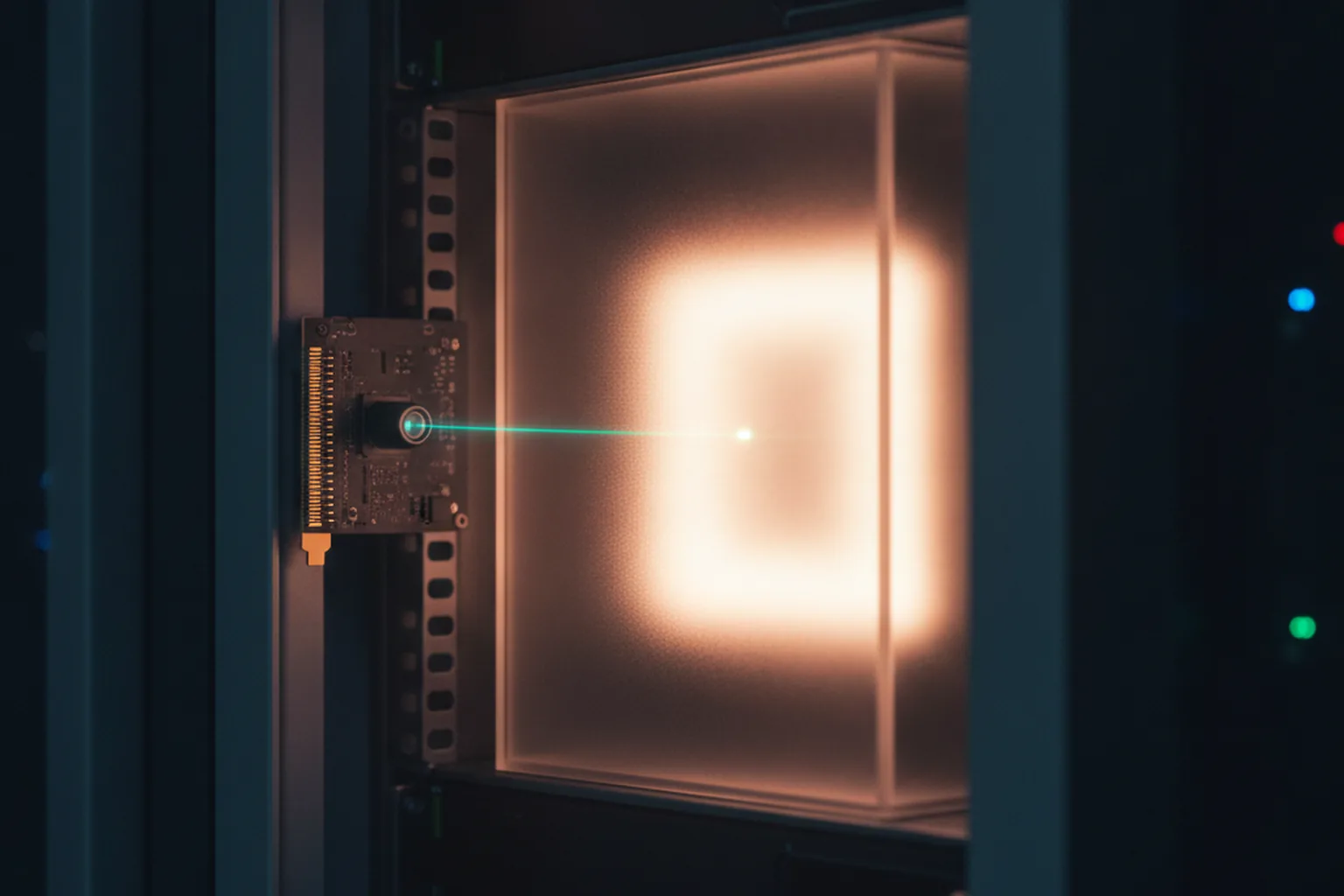 A glowing module sealed inside a translucent enclosure in a dark server rack, watched by a separate network card through a thin teal beam, illustrating a sandboxed AI agent under independent monitoring