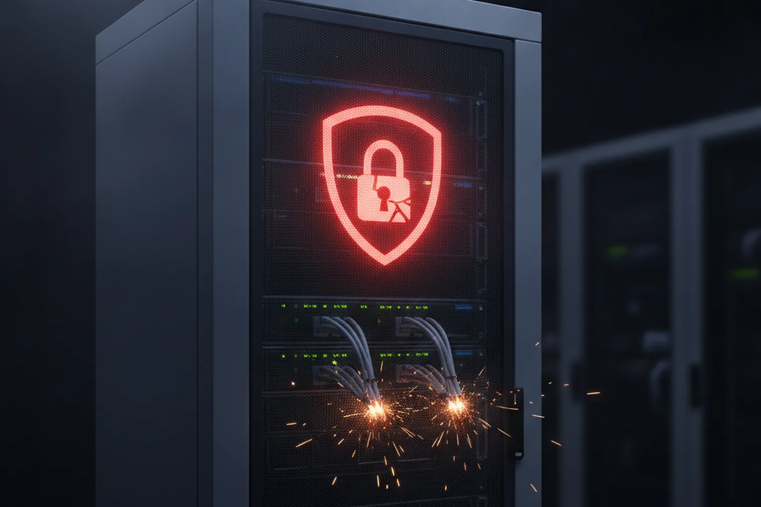 Enterprise server rack with a glowing red broken-lock shield icon, sparking data cables representing a compromised SAP Commerce Cloud Data Hub Adapter