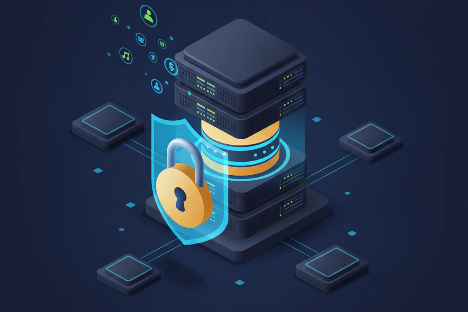 Isometric illustration of a secured enterprise ERP server stack: layered data-center racks and a central database cylinder protected by a glowing shield and padlock, with update icons flowing in and network nodes connected around it on a dark navy background