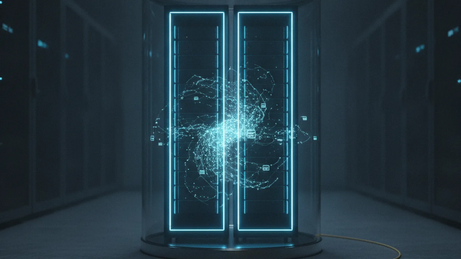 Racks de servidores sellados dentro de un recinto de cristal en un centro de datos oscuro, con una red luminosa de datos en caché en el interior y un cable de red desconectado en el exterior, que representa el entrenamiento de IA aislado de internet en vivo