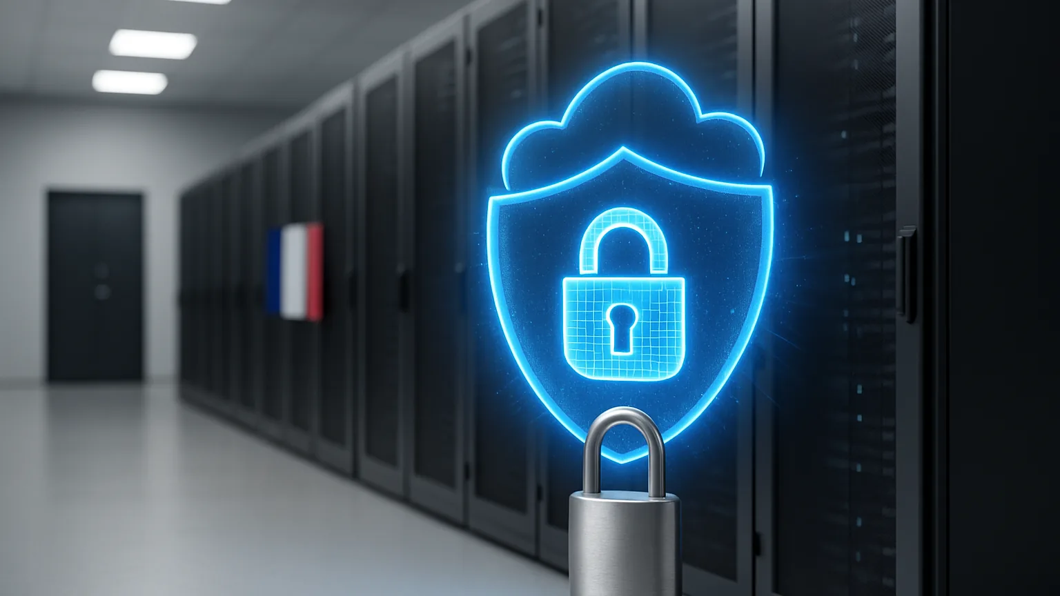Salle de serveurs avec drapeau français en arrière-plan, bouclier numérique bleu lumineux en forme de nuage et cadenas symbolisant la certification SecNumCloud et la souveraineté cloud française