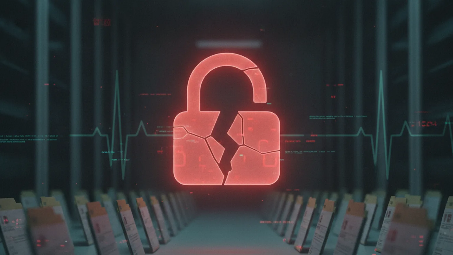 Illustration abstraite d'un cadenas numérique brisé rouge vif au-dessus de rangées de dossiers médicaux dans une salle serveur sombre, avec une ligne d'électrocardiogramme, symbolisant une intrusion non détectée dans un dossier patient informatisé