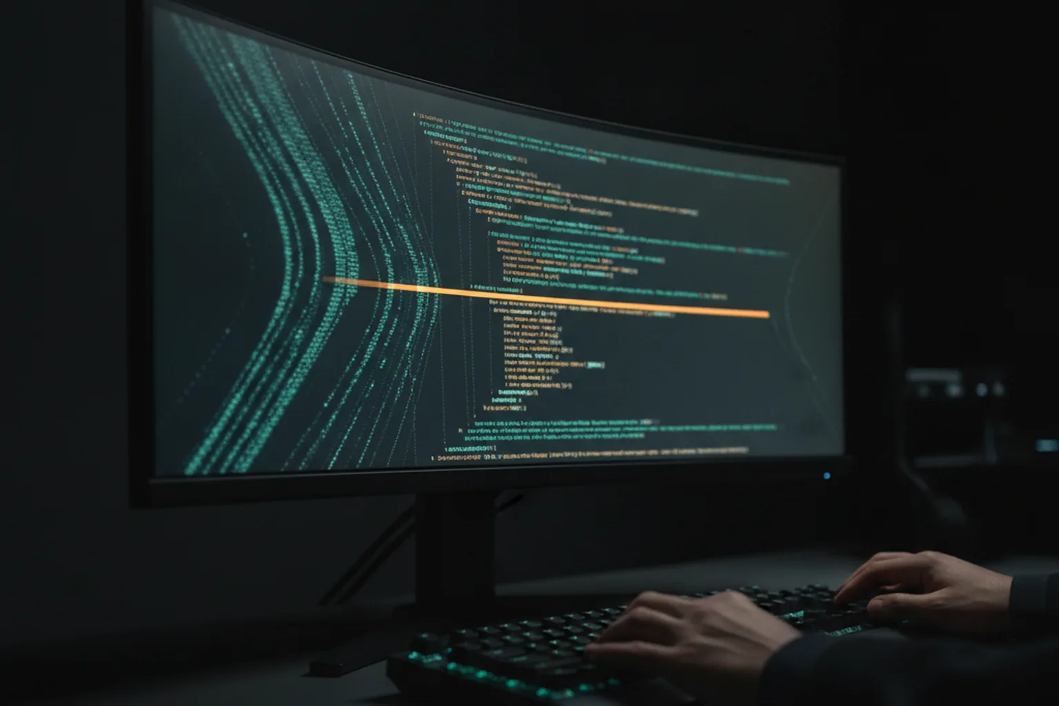 A defender types at a curved monitor in a dark room while one highlighted line marks a fix in streams of source code