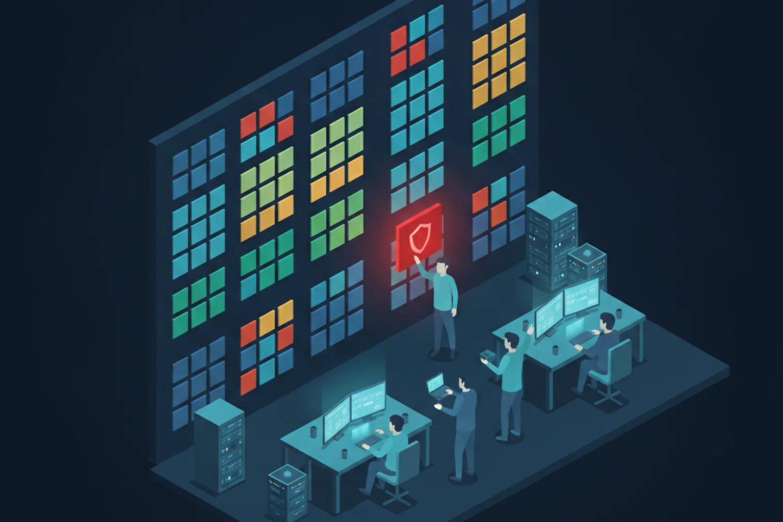 Isometric illustration of an IT operations team sorting a wall of security-update tiles into colored groups, with one red tile marked by a shield singled out for urgent action, next to server racks and workstations on a dark navy background