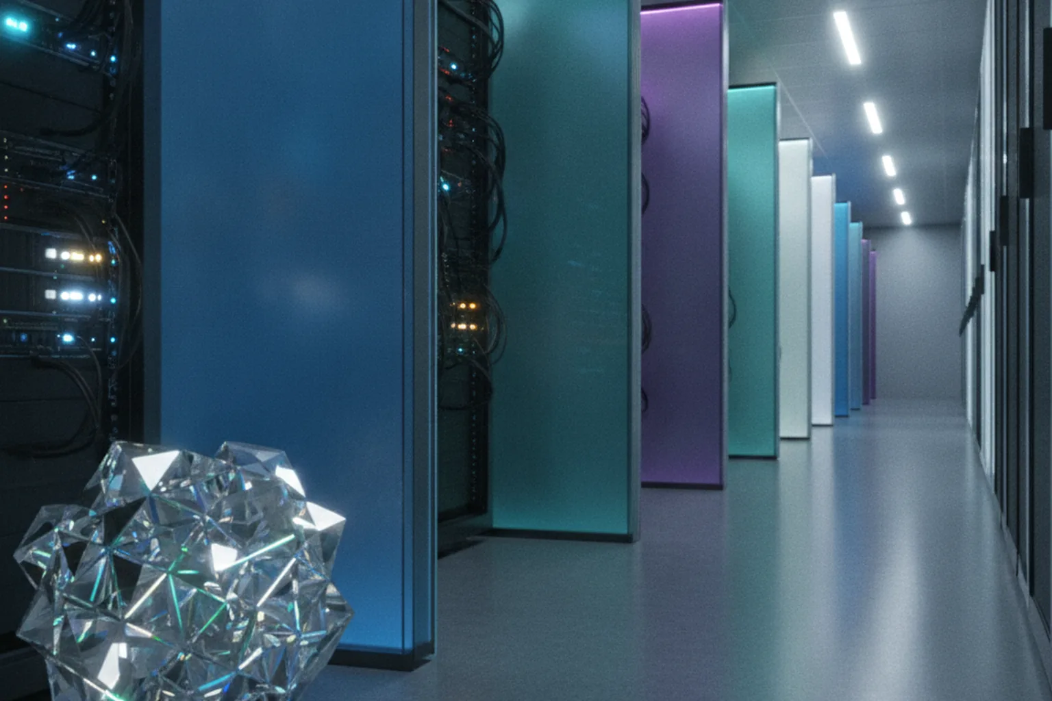 Data center corridor with server racks divided into separately lit glass-walled zones and a faceted crystal lattice in the foreground
