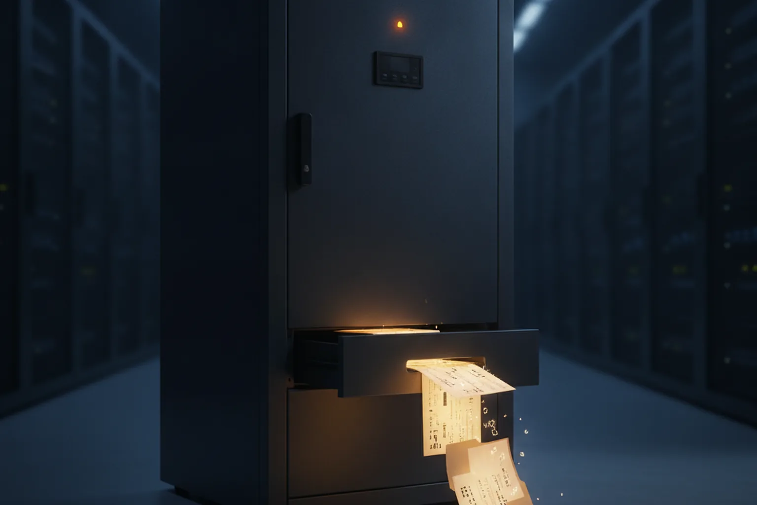 A dark server cabinet in a data center with a drawer ajar and glowing paper files slipping out, illustrating files leaking from a self-hosted server