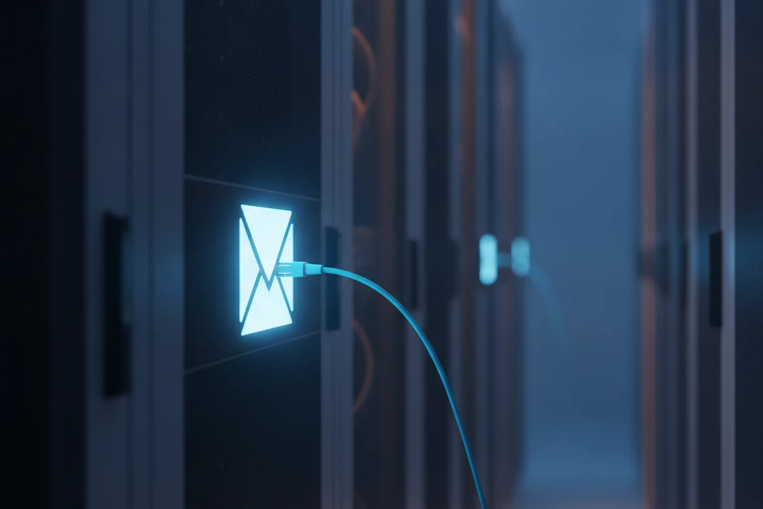 A dark server aisle with a glowing envelope-shaped light panel on one rack and a blue cable plugged into it, rows of racks fading into blue haze