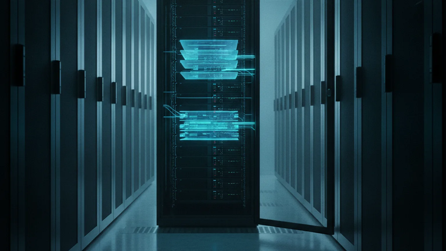 Allée de centre de données avec une baie de serveurs ouverte d&rsquo;où se détachent des couches lumineuses de machines virtuelles, illustrant la virtualisation open source et la migration hors de VMware