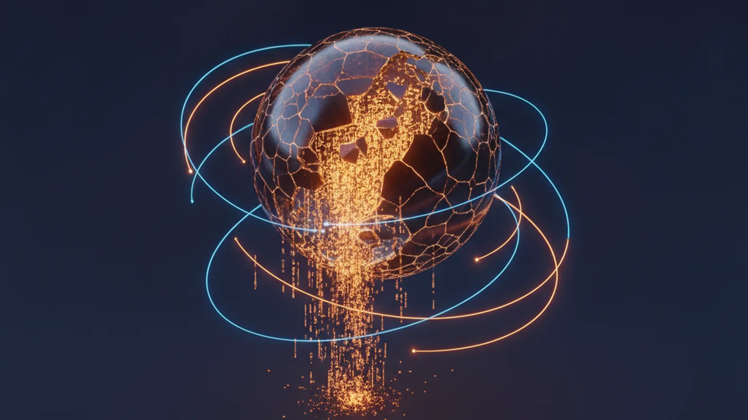 Isometric illustration of a glowing cracked containment sphere breaking open, with streams of amber code particles escaping through the fracture into deep navy space, ringed by blue and amber light tracks