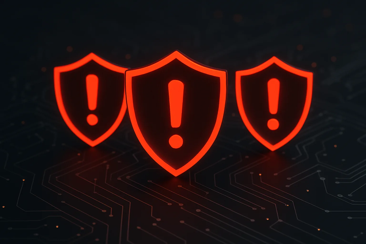 Three red critical warning shields on dark circuit board background representing maximum-severity enterprise software vulnerabilities
