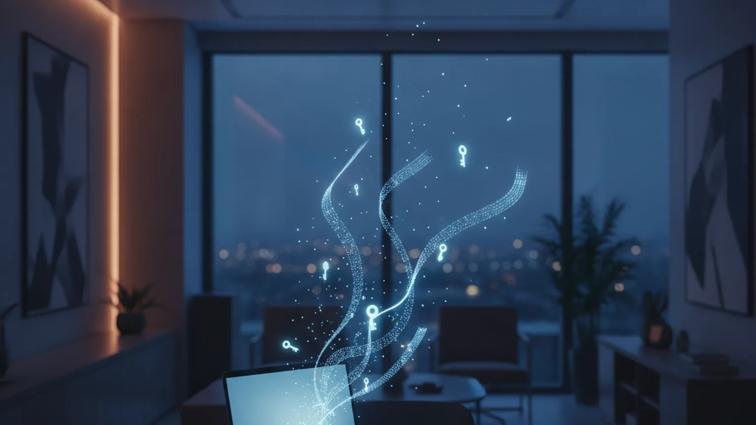 Ufficio aziendale al tramonto con un laptop acceso da cui fuoriescono flussi di dati luminosi e piccole icone a forma di chiave che si allontanano verso la finestra, a rappresentare dati sensibili che lasciano l'azienda senza controllo