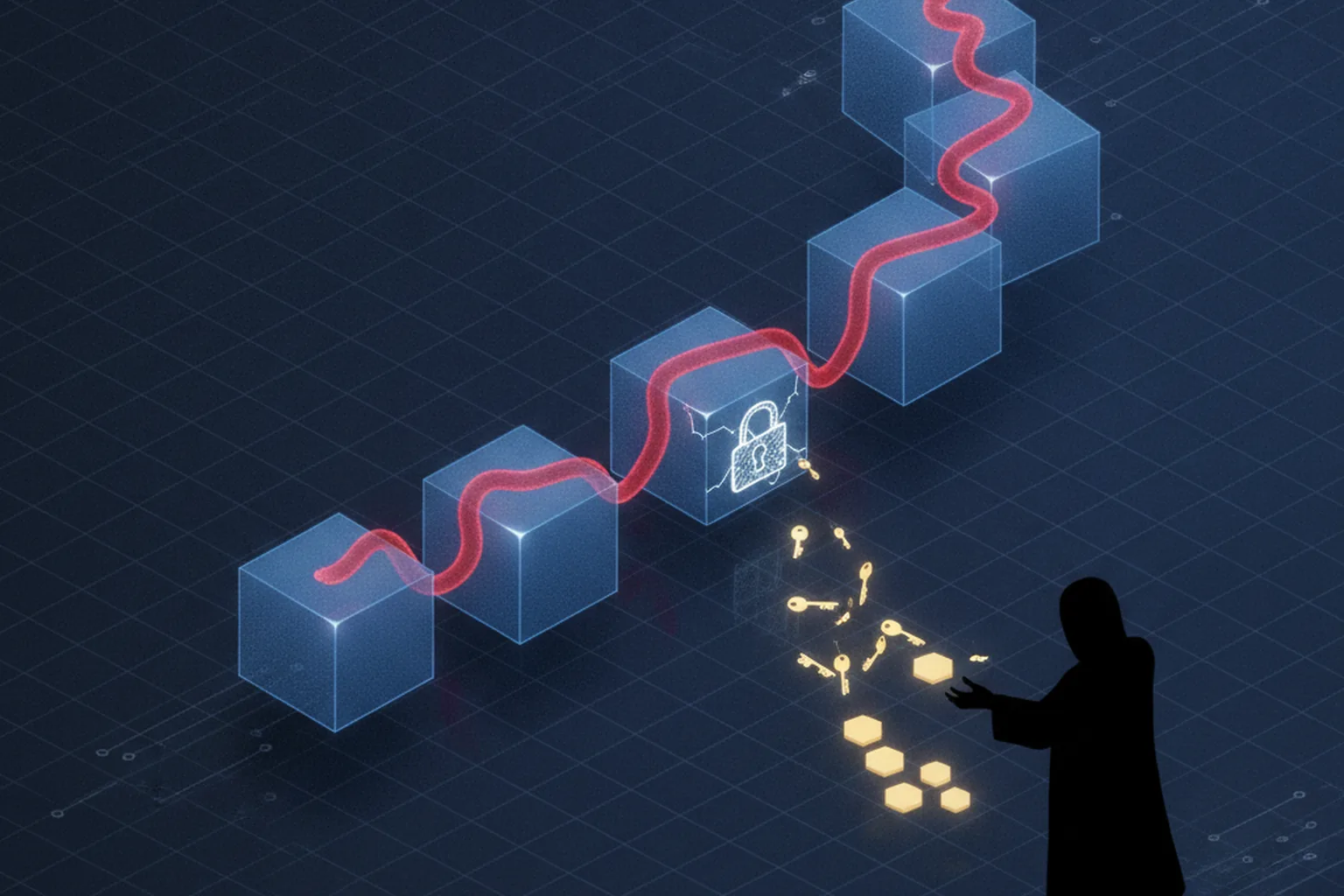 Isometric illustration of a red worm spreading across a chain of glowing software package cubes, one with a broken padlock, leaking golden keys and credential tokens toward a shadowy hooded figure on a dark blue grid