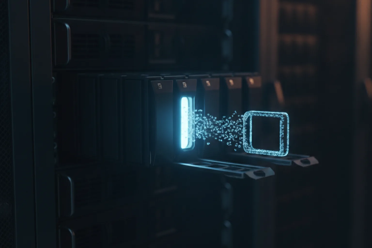 A server rack in a dark data center with one drive bay glowing blue and data fragments drifting into a neighboring empty slot, illustrating residual data leaking between tenants on shared storage