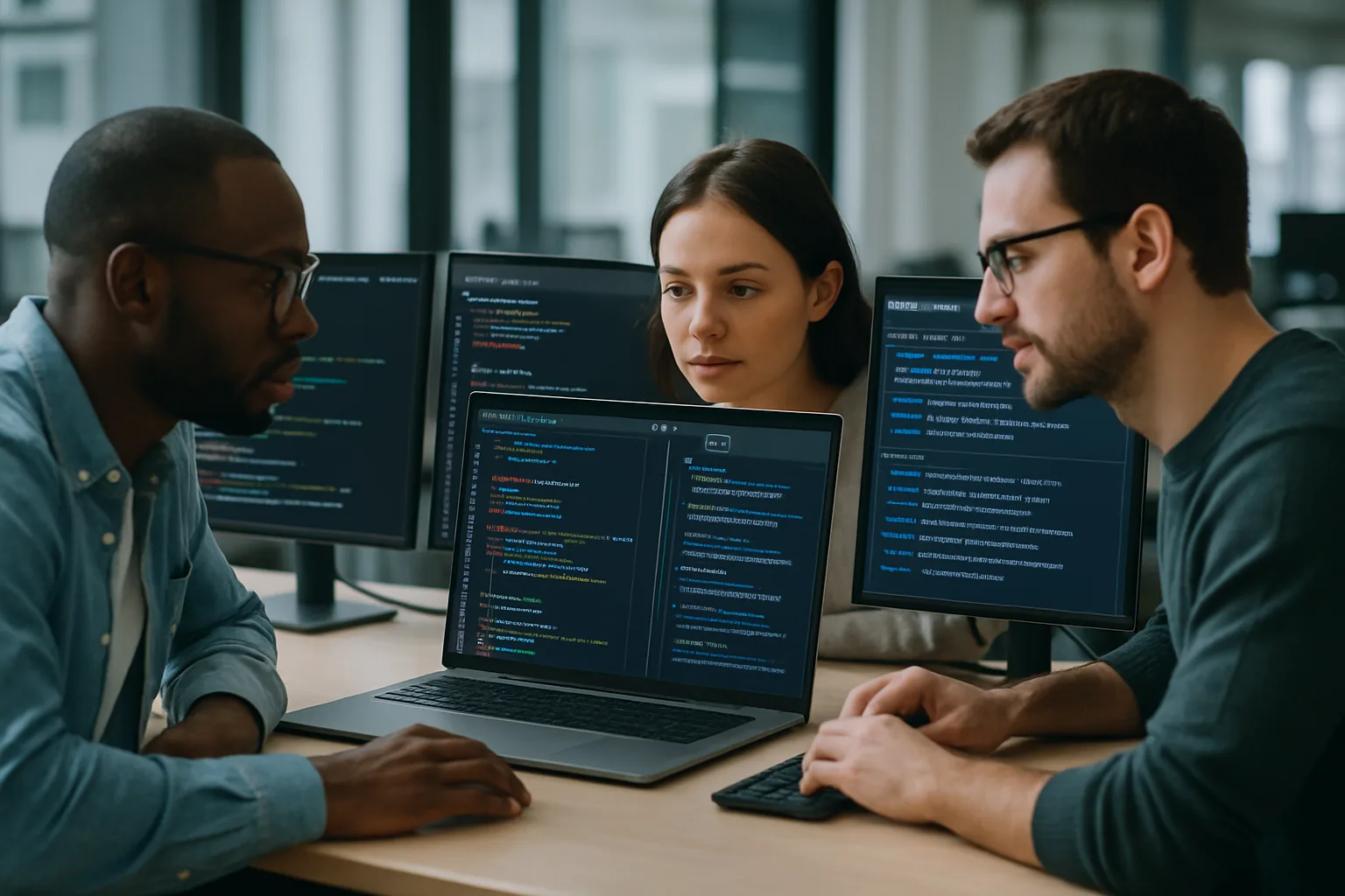 Developers collaborating around a shared AI coding workspace with agent activity streams and code diffs displayed on multiple screens in a modern open-plan office