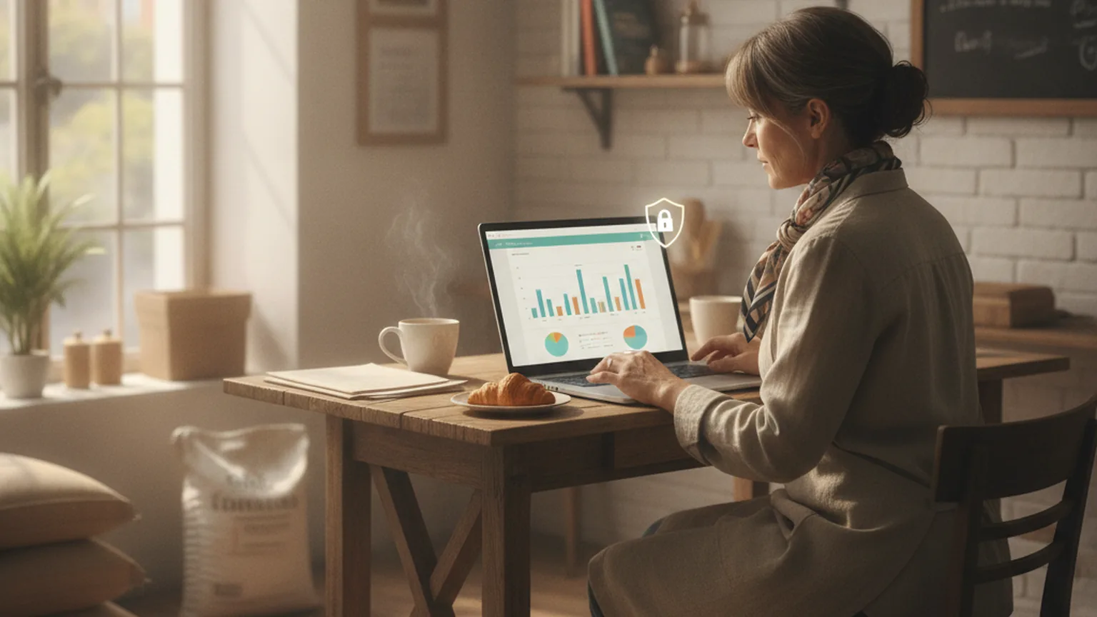 Gérante d'un petit commerce consultant sur son ordinateur portable un tableau de bord d'activité protégé par un bouclier de sécurité