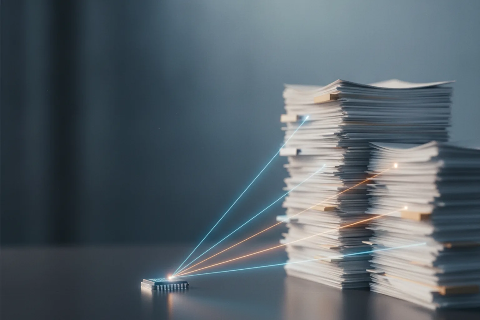 A small glowing microchip on a dark desk sending beams of blue and amber light into tall stacks of paper documents, illustrating fast, low-cost, high-volume AI processing