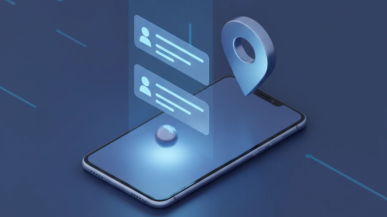 Isometric illustration of a smartphone with two selected contact cards lifted above the screen and a location pin hovering beside it