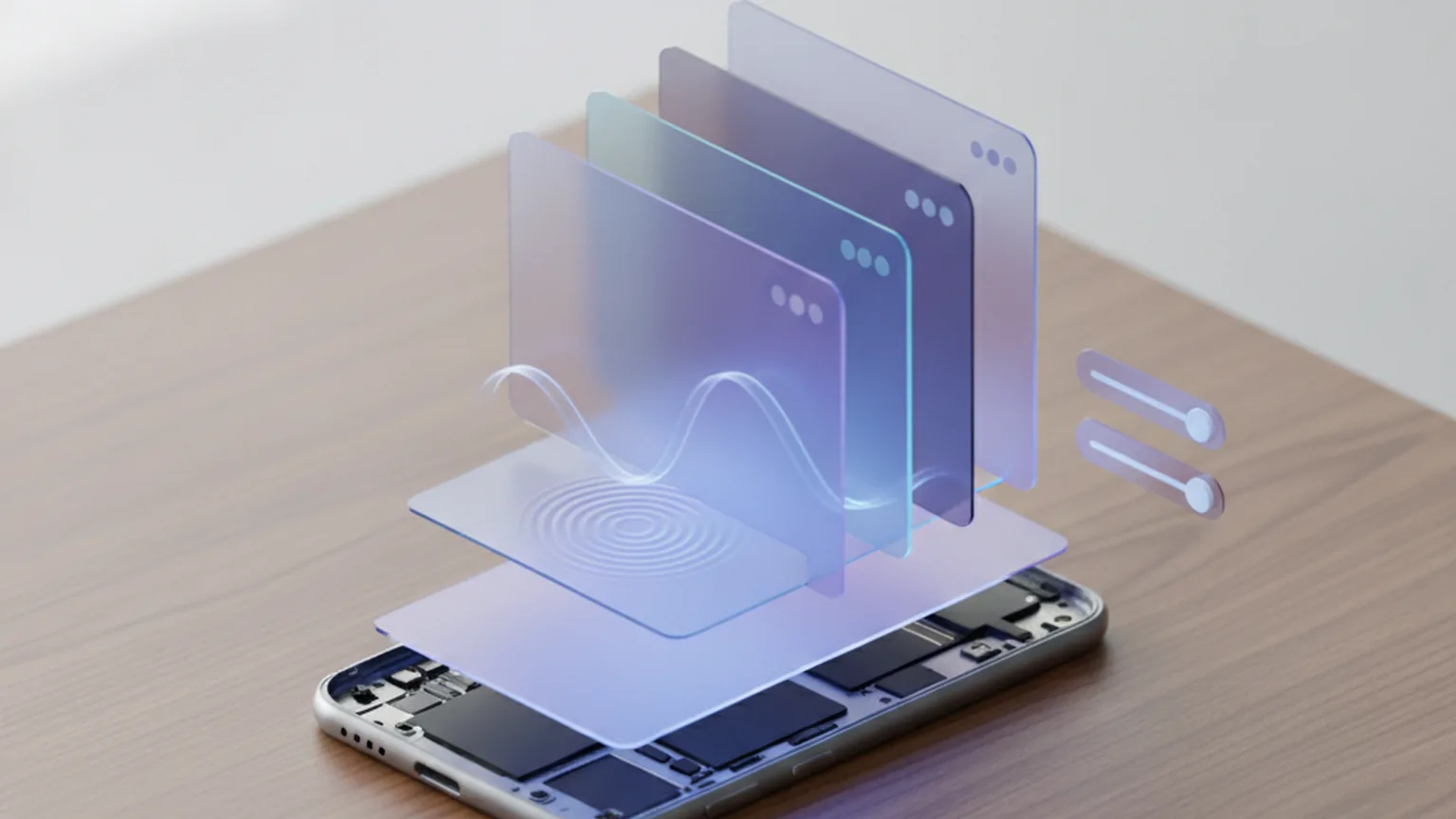 Isometric illustration of translucent app window layers stacking onto an opened smartphone on a workbench, with a ripple wave passing through the layers and two slider controls beside them