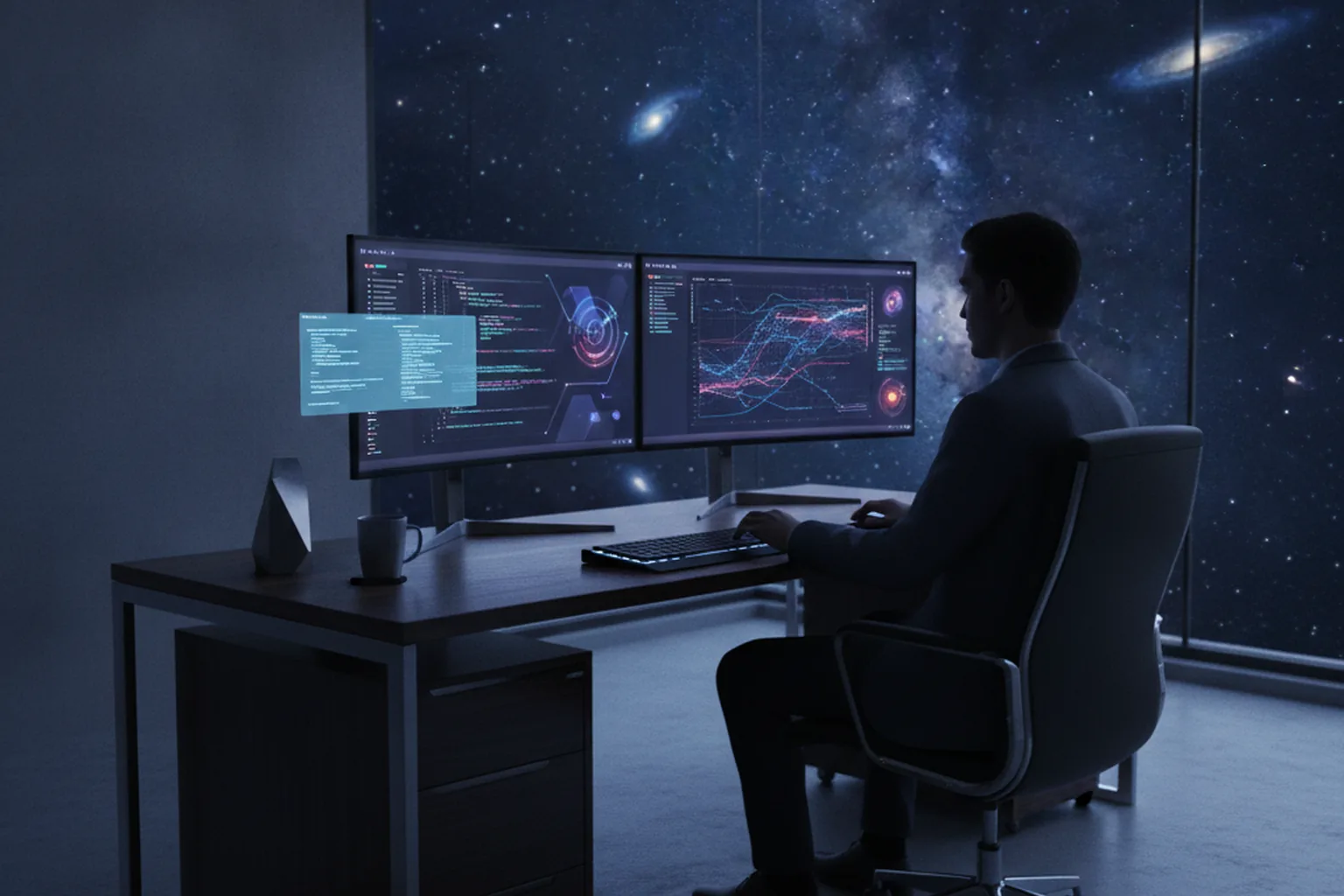 Software engineer at a dark workstation with dual monitors showing AI-assisted code and data visualizations, with a cosmic space background through the window