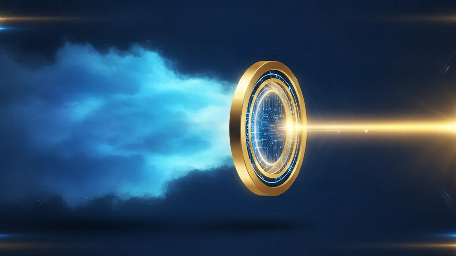 A broad diffuse cloud of blue light drawn through a glowing golden lens and focused into a single sharp beam, illustrating a general AI model being specialized into a fast, focused inference engine