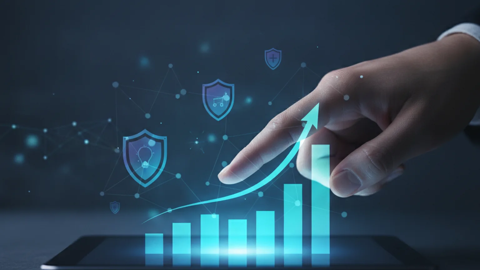 Mano che indica un grafico a barre in crescita con freccia ascendente e icone di scudi di sicurezza, atmosfera fintech blu su sfondo scuro
