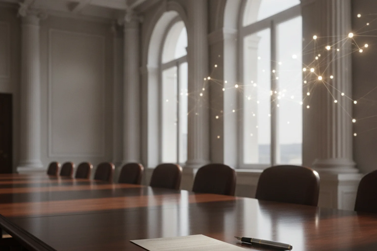 An empty government meeting room with classical columns and arched windows, a long polished table with a signed document and a fountain pen, and a faint glowing network pattern in the window light